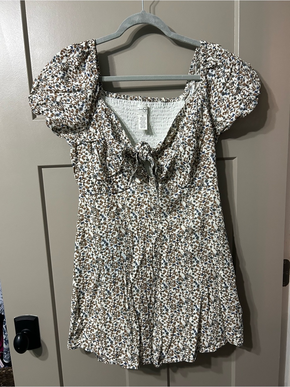 Jessica Simpson Brown & Blue Floral Tie-Front Puff Sleeve Mini Dress summer sun
